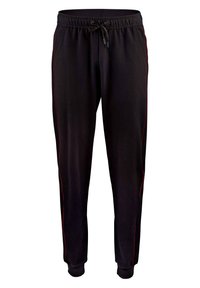 Pantalons de survêtement noirs avec des rayures latérales rouges, une taille élastique avec cordon de serrage et des poignets côtelés. Fabriqués en tissu doux avec deux poches.