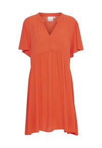 Rochie scurtă portocalie cu decolteu în V și mâneci ample tip flutură. Confecționată dintr-un material ușor, cu un design plisat, oferind o croială lejeră.