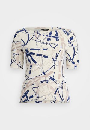 Krátky rukáv top v krémovej farbe s abstraktnými námorníckymi a ružovými vzormi. Má štvorcový výstrih a priliehavý strih vyrobený z jemného materiálu.