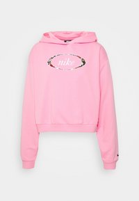 Rosa kortärmad hoodie i mjukt tyg, med en blommönstrad Nike-logotyp på framsidan. Långa ärmar och ribbade manschetter fulländar designen.