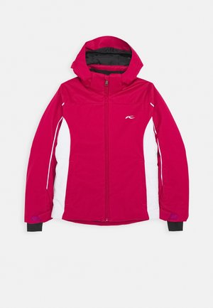 Veste d'hiver à capuche rouge et blanche avec fermeture éclair à l'avant et poignets intérieurs noirs, conçue pour une utilisation en extérieur.