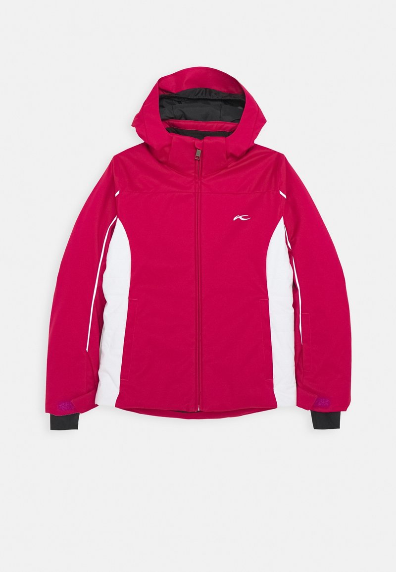 Red and white hooded winter jacket with front zipper and black inner cuffs, designed for outdoor use.