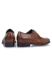 Brown leather dress shoes with smooth texture, rounded toe, and subtle embossed design. Features lace-up closure and contrasting blue accents on the sole.