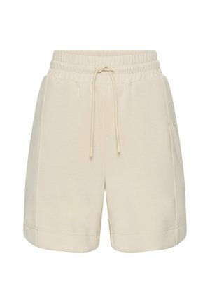 Beige Shorts mit elastischem Bund, verstellbarem Kordelzug und Seitentaschen, aus weichem, leichtem Stoff gefertigt.
