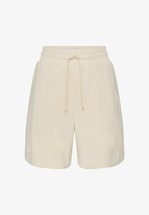 Beige Shorts mit elastischem Bund, verstellbarem Kordelzug und Seitentaschen, aus weichem, leichtem Stoff gefertigt.
