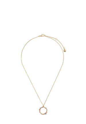 Collana in oro con ciondolo circolare decorato con piccoli accenti floreali multicolori. Il design è delicato e minimalista.