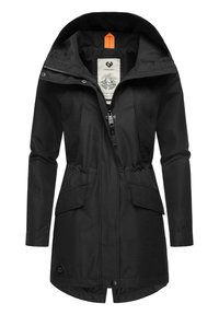 Veste à capuche noire avec fermeture éclair à l'avant, deux poches avant et taille élastique. Tissu lisse avec un design cintré et un patch logo en bas.