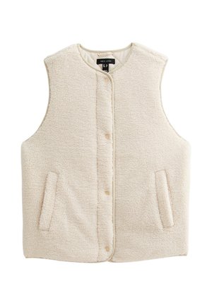 Gilet sans manches de couleur crème, fabriqué en tissu doux et texturé. Il possède une fermeture à boutons sur le devant et deux poches latérales. Sans col.