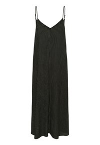 Black sleeveless dress with thin vertical white stripes and adjustable spaghetti straps, featuring a V-neckline and loose fit.