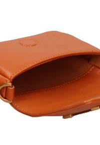 Borsetta in pelle arancione con una texture liscia, caratterizzata da un coperchio arrotondato, accessori decorativi in oro e una chiusura a pulsante semplice.