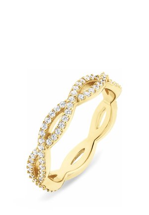 Goldener Ring in Unendlichkeitsform mit zwei ineinandergreifenden Bändern, jedes besetzt mit kleinen runden weißen Diamanten.