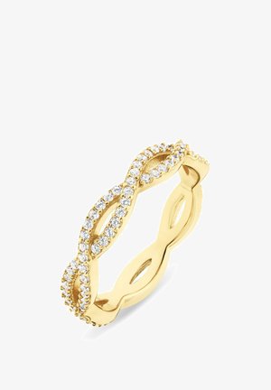 Goldener Ring in Unendlichkeitsform mit zwei ineinandergreifenden Bändern, jedes besetzt mit kleinen runden weißen Diamanten.