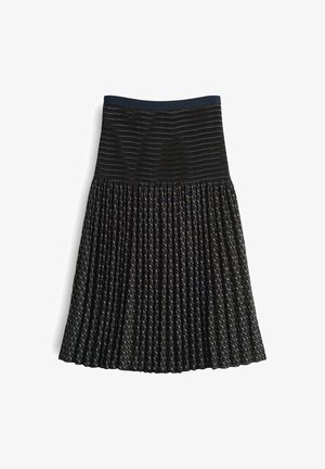 Schwarze plissierte Rock mit einem strukturierten Bund und einem gemusterten Stoff, der kleine geometrische Designs in Silber und Weiß aufweist.