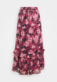 Falda maxi floral en burdeos, con grandes flores rosas y negras, cinturilla elástica y dobladillo volados para añadir textura.