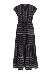 Black maxi dress with short cap sleeves, featuring a textured pattern of stripes and motifs, cinched at the waist with a tie.