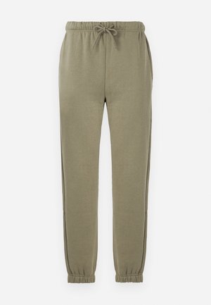 Olive green joggers with an elastic waistband and drawstring, featuring side pockets and elastic cuffs at the ankles. Soft material.
