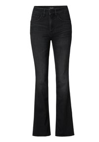 Jeans acampanados negros de mezclilla, con una cintura alta, diseño de cinco bolsillos y costuras sutiles en las costuras. Textura suave en toda la prenda.