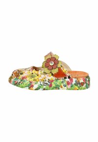 Chaussure à enfiler à motif floral avec une tige colorée et texturée, dotée d'une décoration en forme de fleur et d'une semelle intérieure rembourrée.