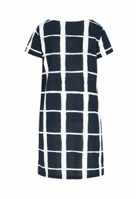 Šaty s krátkým rukávem v námořnické modré a bílé kostkované vzoru, vyrobené z lehké tkaniny, s volným střihem a kulatým výstřihem.