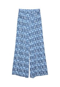 Blue and white wide-leg pants with an intricate floral and vine pattern, elastic waistband, lightweight fabric, laid flat.