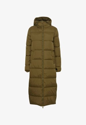 Olivengrøn puffjakke med hætte, lang længde, quiltet design, frontlynlås og sidelommer. Glat, let stoftekstur.