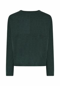 Dunkelgrüner Pullover mit langen Ärmeln, Rundhalsausschnitt und dezentem Nahtdetail im oberen Rückenbereich.