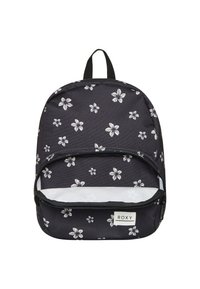 Black fabric backpack featuring white floral patterns, a front zip pocket, and a hanging loop. Brand label visible at the bottom.