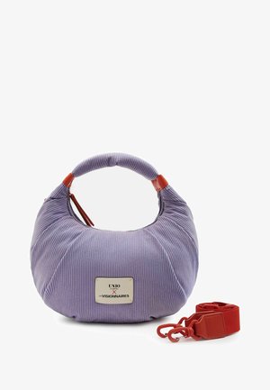 Lavender ribbed fabric handbag with rounded handle, red accents, detachable red strap, and a white label with black text on front.
