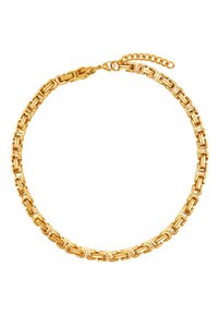 Goldkette mit ineinandergreifenden rechteckigen Gliedern, polierter Oberfläche und einem Verschluss mit verstellbarer Kettenverlängerung.