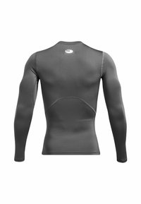 Graues Langarm-Sportshirt aus glattem, elastischem Material. Mit Rundhalsausschnitt und kleinem Logo auf dem oberen Rücken.