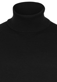 Schwarzer Rollkragenpullover aus geripptem Strickstoff. Hat einen hohen, enganliegenden Kragen und eine glatte Textur. Keine sichtbaren Muster oder Akzente.