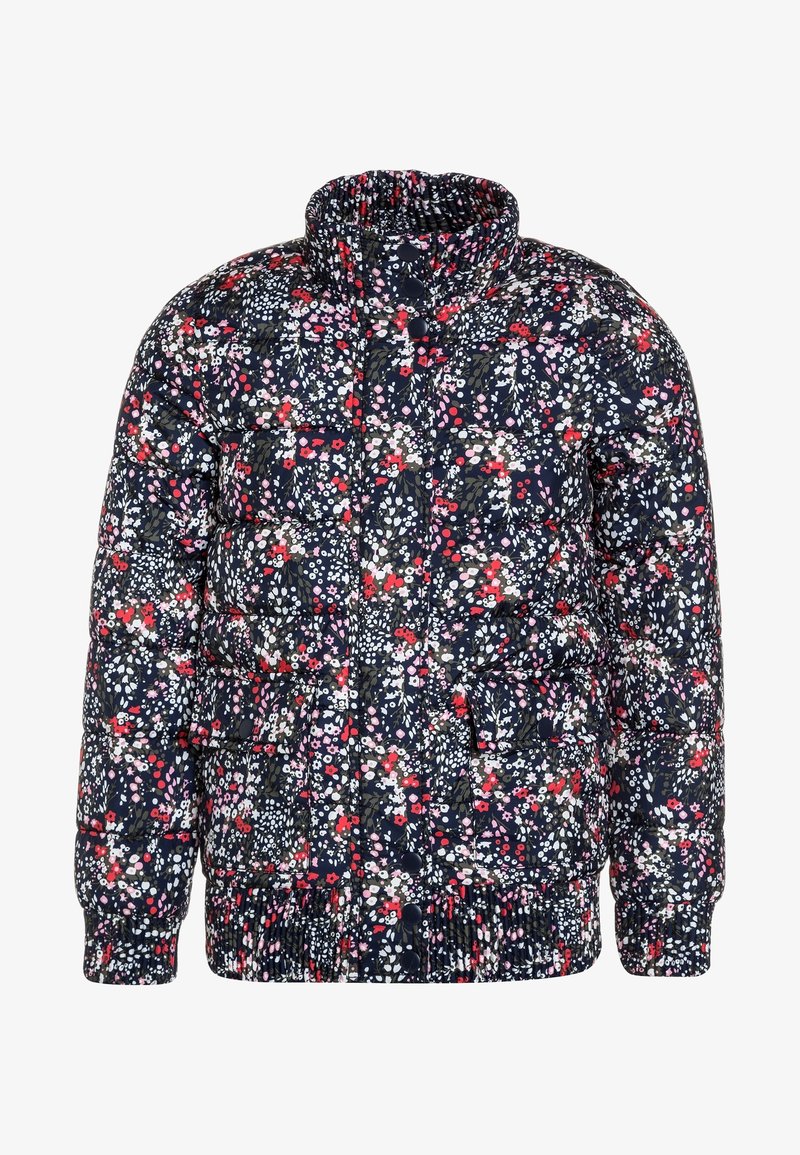 Gefütterte Winterjacke in dunkelblau mit einem floralem Muster in Rot, Pink, Weiß und Grün. Mit hohem Kragen und elastischem Saum.