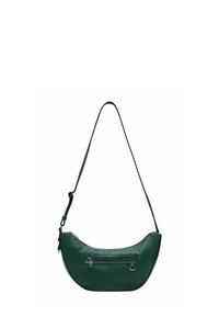 Borsa a tracolla in pelle verde dalla forma curva, con tasca frontale con zip, tracolla regolabile e dettagli in metallo.