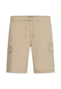 Beige cargo kratke hlače od laganog materijala. Imaju dva bočna džepa i elastičnu struk s vezicom za prilagodljivu veličinu.