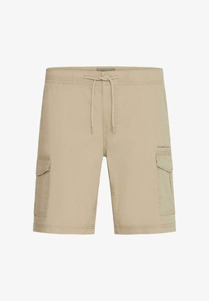 Shorts cargo beiges en tissu léger. Présente deux poches latérales et une taille élastique avec un cordon de serrage pour un ajustement réglable.