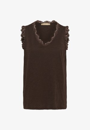 Brauni bezrukavni top s V-izrezom ukrašenim čipkastim detaljima i nabranim naglascima na ramenima. Glatka tekstura, ležeran kroj i jednostavan dizajn.
