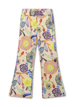 Flared broek van een crèmekleurige stof met een levendig bloemenpatroon in paars, geel, groen en blauw. Zachte textuur met een elastische tailleband.