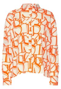 Camicia bianca con bottoni caratterizzata da un motivo geometrico arancione su tutta la superficie, maniche lunghe e colletto classico. Tessuto morbido con una texture liscia.