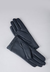 Dark navy leather gloves with a smooth texture, featuring a fitted design and elongated fingers, highlighted by stitched detailing.