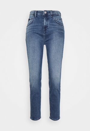 Hochgeschnittene Jeans aus Denim in Dunkelblau mit einem verwaschenen Finish, fünf Taschen, Knopf- und Reißverschluss, gerader Schnitt und minimalen Nähdetails.