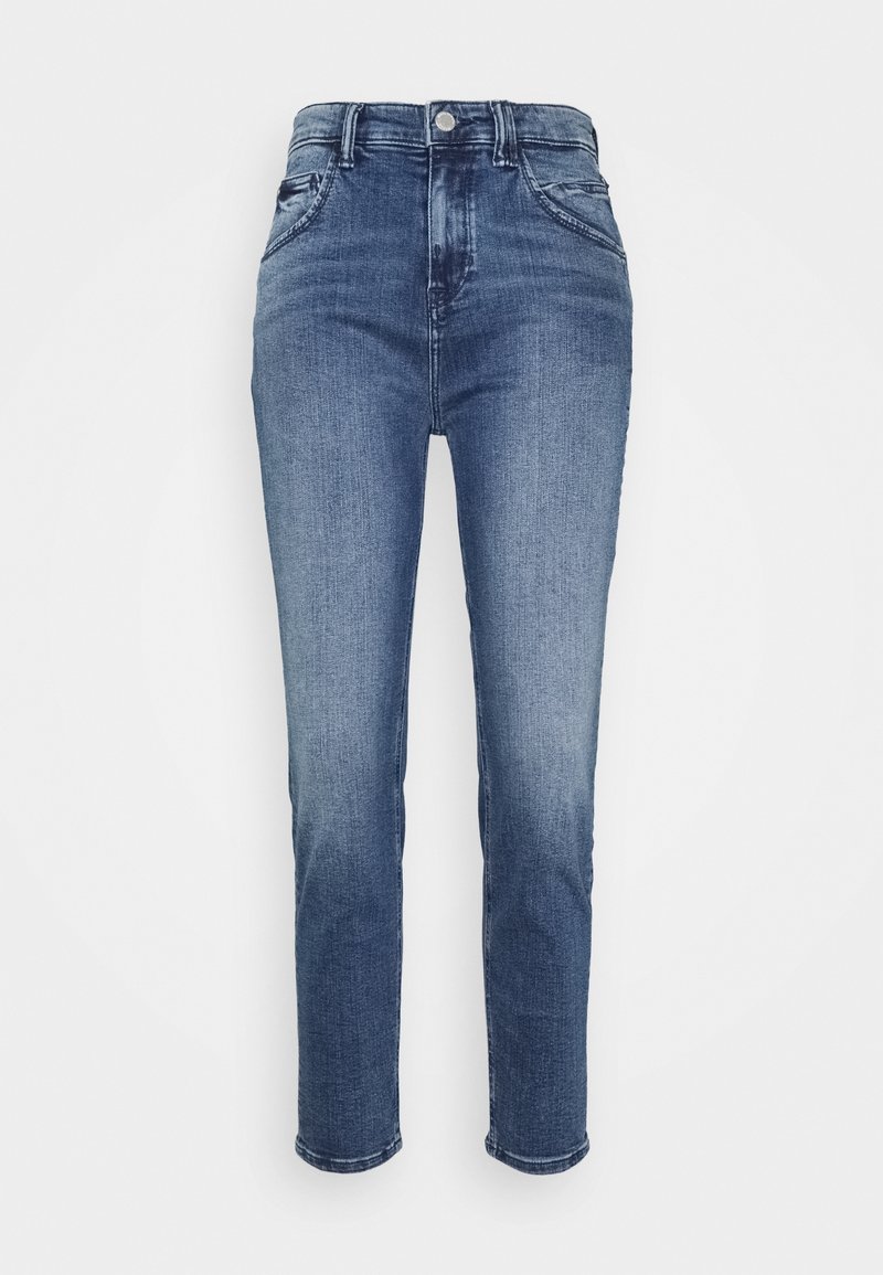 Hochgeschnittene Jeans aus Denim in Dunkelblau mit einem verwaschenen Finish, fünf Taschen, Knopf- und Reißverschluss, gerader Schnitt und minimalen Nähdetails.