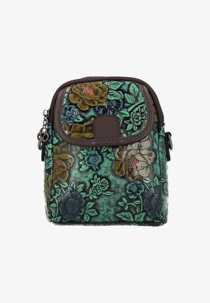 Florales, geprägtes Umhängetäschchen mit dunkelgrünem und braunem Farbschema, Reißverschluss und dekorativen Metallakzenten.