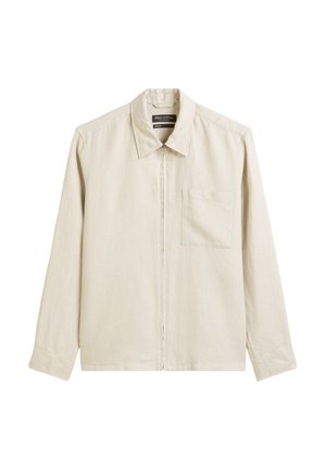 Light beige zip-up shirt with a collar, long sleeves, and a single chest pocket. Made of a textured, linen-like fabric.