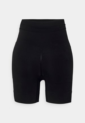 Zwarte high-waisted shorts, gemaakt van rekbare stof, met een zachte textuur, tot halverwege de dij en subtiele naaddetails.