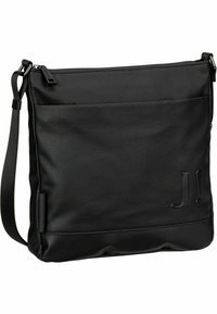 Borsa a tracolla nera realizzata in tessuto testurizzato, con un pannello inferiore liscio, chiusura con zip e una tasca frontale. Accento del logo nella parte anteriore.