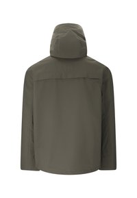 Tummanvihreä vedenpitävä takki, jossa on kiinnitetty huppu, esitetty takaapäin, ja jossa on sileä, saumaton muotoilu.