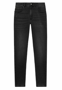 Jeans de denim negro con corte ajustado, que cuentan con cinco bolsillos, cierre frontal con botón y un ligero desgastado a lo largo de los muslos para dar textura.