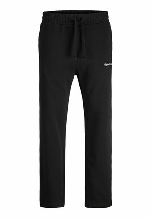 Zwarte joggingbroek met elastische tailleband en trekkoord, met kleine witte logotekst op de rechterdij.