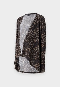 Leopardmönstrad cardigan i mjukt material, med öppen framsida, flödande form och kontrasterande nyanser av brunt och grått.