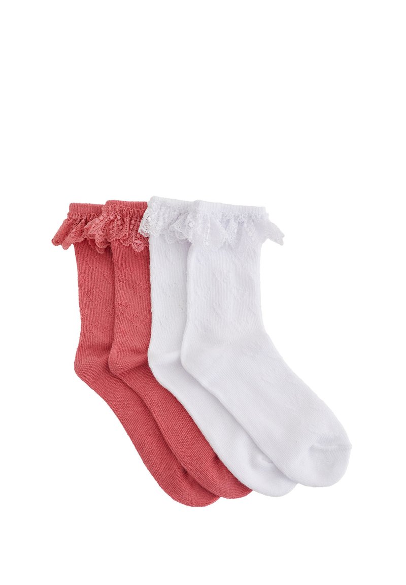 Tre par ankelstrumpor: en ljusrosa, en mörkrosa och en vit, alla med spetskant högst upp och en strukturerad mönstring.